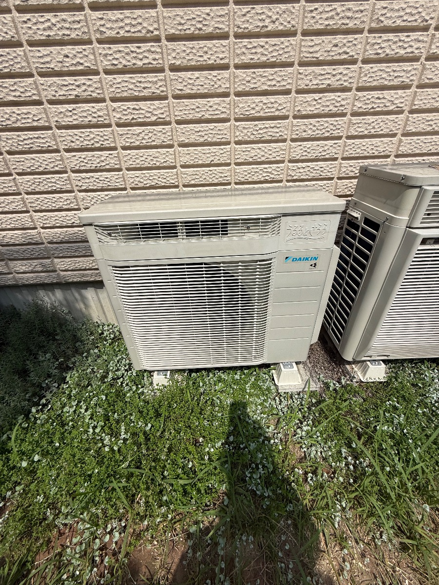 倉敷市 エアコン室外機まわりのアシナガバチの巣を確認